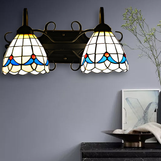 Stained Glass Magnolia Wall Lighting Rustic Retro Style 2 Lights Sconce Lamp in Black for Barhroom Clearhalo 'Industrial' 'Middle century wall lights' 'Tiffany wall lights' 'Tiffany' 'Wall Lamps & Sconces' 'Wall Lights' Lighting' 175311