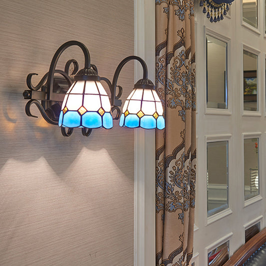 Mediterranean Dome Vanity Lighting Stained Glass 2 Heads Wall Sconce Light for Bathroom Blue Clearhalo 'Industrial' 'Middle century wall lights' 'Tiffany wall lights' 'Tiffany' 'Wall Lamps & Sconces' 'Wall Lights' Lighting' 175331
