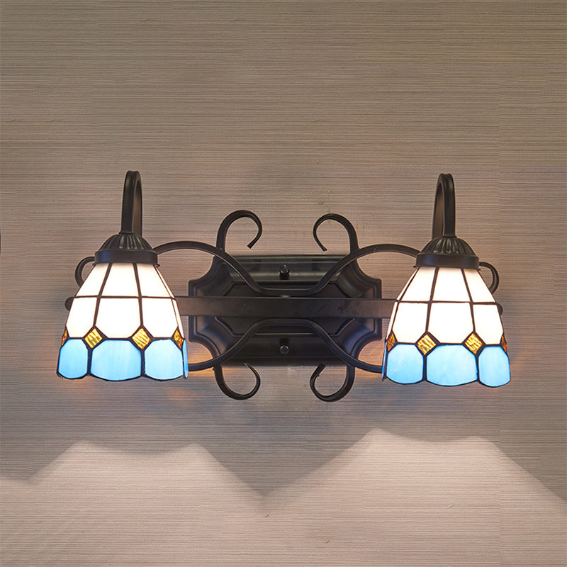 Mediterranean Dome Vanity Lighting Stained Glass 2 Heads Wall Sconce Light for Bathroom Clearhalo 'Industrial' 'Middle century wall lights' 'Tiffany wall lights' 'Tiffany' 'Wall Lamps & Sconces' 'Wall Lights' Lighting' 175332