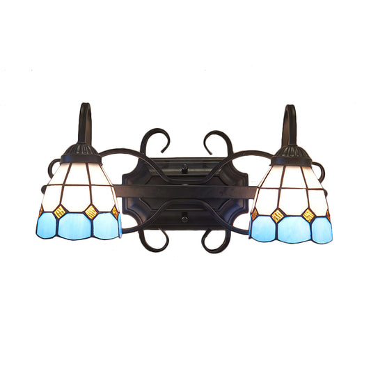 Mediterranean Dome Vanity Lighting Stained Glass 2 Heads Wall Sconce Light for Bathroom Clearhalo 'Industrial' 'Middle century wall lights' 'Tiffany wall lights' 'Tiffany' 'Wall Lamps & Sconces' 'Wall Lights' Lighting' 175333