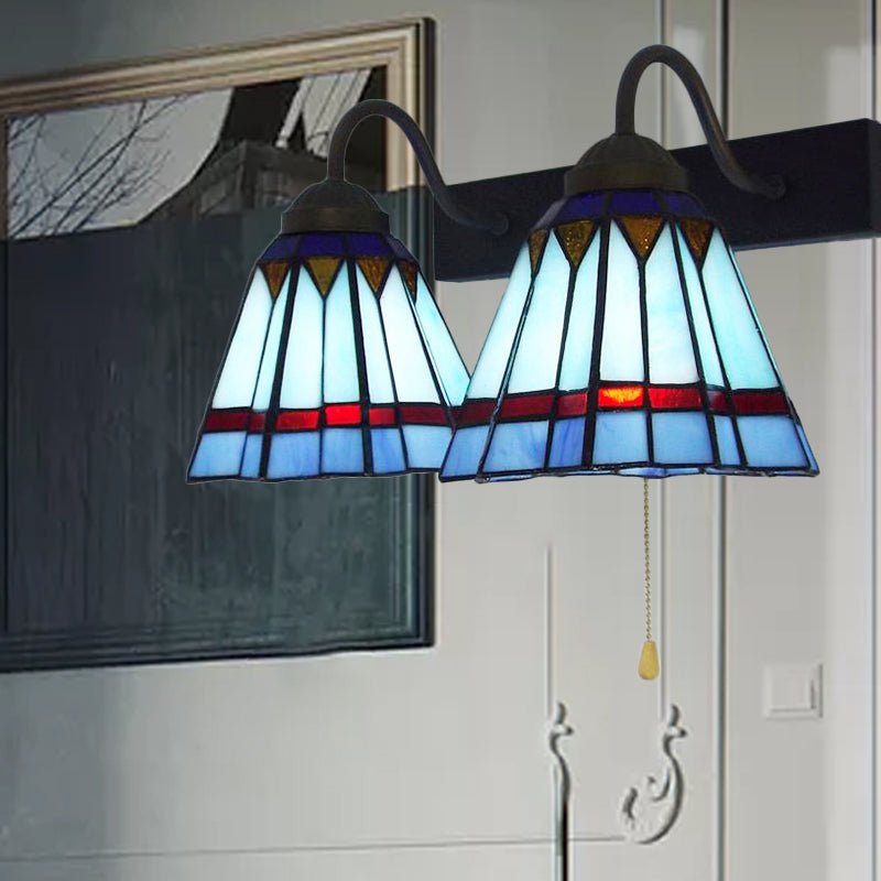 Mediterranean Cone Sconce Light 2 Heads Blue Glass Wall Mount Light with Pull Chain Blue Clearhalo 'Industrial' 'Middle century wall lights' 'Tiffany wall lights' 'Tiffany' 'Wall Lamps & Sconces' 'Wall Lights' Lighting' 175335