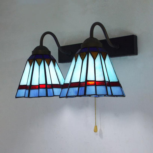 Mediterranean Cone Sconce Light 2 Heads Blue Glass Wall Mount Light with Pull Chain Clearhalo 'Industrial' 'Middle century wall lights' 'Tiffany wall lights' 'Tiffany' 'Wall Lamps & Sconces' 'Wall Lights' Lighting' 175336