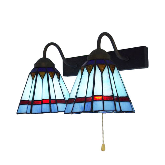 Mediterranean Cone Sconce Light 2 Heads Blue Glass Wall Mount Light with Pull Chain Clearhalo 'Industrial' 'Middle century wall lights' 'Tiffany wall lights' 'Tiffany' 'Wall Lamps & Sconces' 'Wall Lights' Lighting' 175337