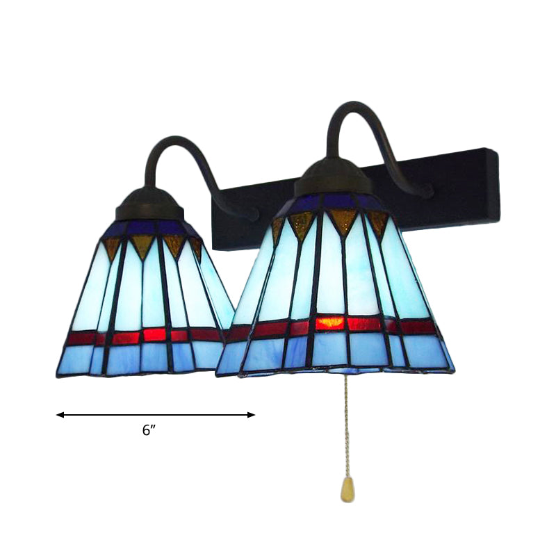 Mediterranean Cone Sconce Light 2 Heads Blue Glass Wall Mount Light with Pull Chain Clearhalo 'Industrial' 'Middle century wall lights' 'Tiffany wall lights' 'Tiffany' 'Wall Lamps & Sconces' 'Wall Lights' Lighting' 175338