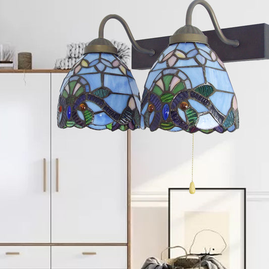 2 Heads Bowl Wall Light Fixture Baroque Blue Glass Sconce Light with Pull Chain Switch Blue Clearhalo 'Industrial' 'Middle century wall lights' 'Tiffany wall lights' 'Tiffany' 'Wall Lamps & Sconces' 'Wall Lights' Lighting' 175349