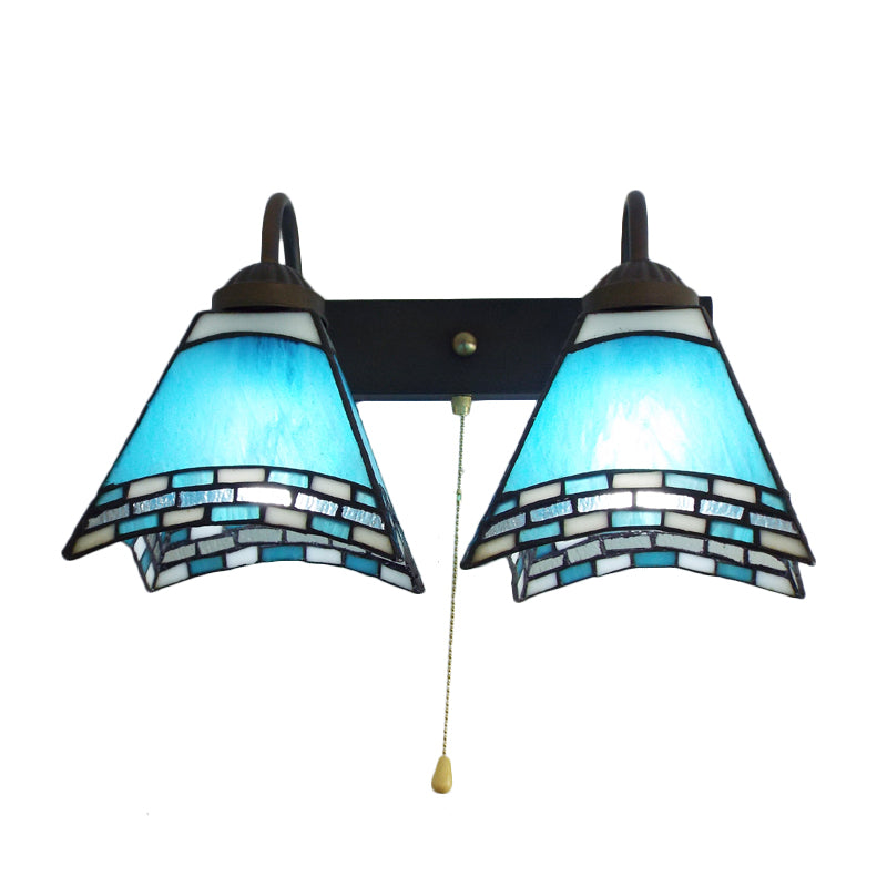 Mediterranean Pyramid Wall Mount Light 2 Heads Blue Glass Sconce Light with Pull Chain Switch Clearhalo 'Industrial' 'Middle century wall lights' 'Tiffany wall lights' 'Tiffany' 'Wall Lamps & Sconces' 'Wall Lights' Lighting' 175355
