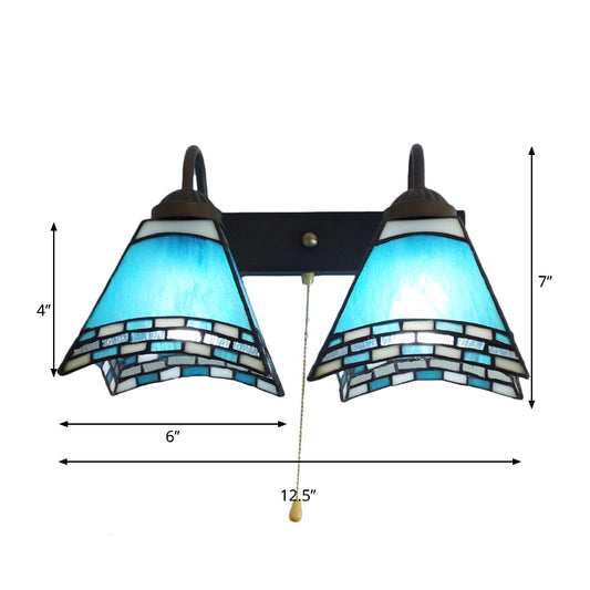 Mediterranean Pyramid Wall Mount Light 2 Heads Blue Glass Sconce Light with Pull Chain Switch Clearhalo 'Industrial' 'Middle century wall lights' 'Tiffany wall lights' 'Tiffany' 'Wall Lamps & Sconces' 'Wall Lights' Lighting' 175356