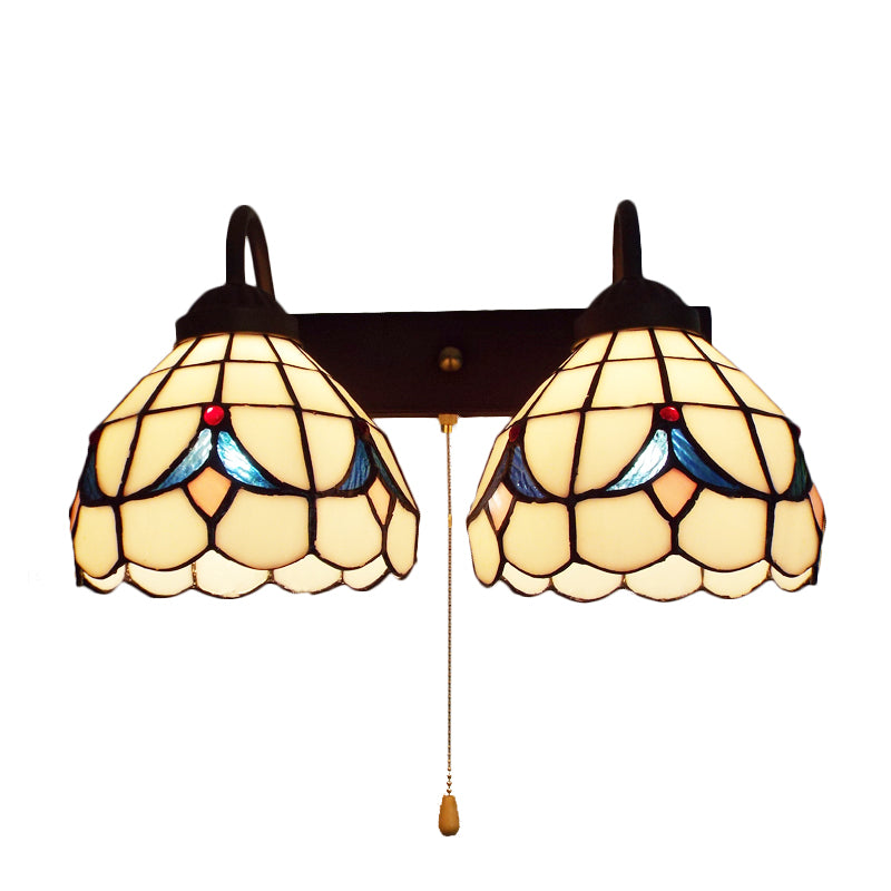 2 Heads Dome Sconce Light Fixture Tiffany Black 2 Heads Beige Glass Wall Mount Light with Pull Chain Clearhalo 'Industrial' 'Middle century wall lights' 'Tiffany wall lights' 'Tiffany' 'Wall Lamps & Sconces' 'Wall Lights' Lighting' 175365