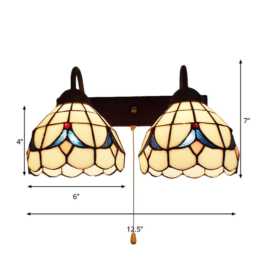 2 Heads Dome Sconce Light Fixture Tiffany Black 2 Heads Beige Glass Wall Mount Light with Pull Chain Clearhalo 'Industrial' 'Middle century wall lights' 'Tiffany wall lights' 'Tiffany' 'Wall Lamps & Sconces' 'Wall Lights' Lighting' 175366