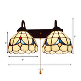 2 Heads Dome Sconce Light Fixture Tiffany Black 2 Heads Beige Glass Wall Mount Light with Pull Chain Clearhalo 'Industrial' 'Middle century wall lights' 'Tiffany wall lights' 'Tiffany' 'Wall Lamps & Sconces' 'Wall Lights' Lighting' 175366
