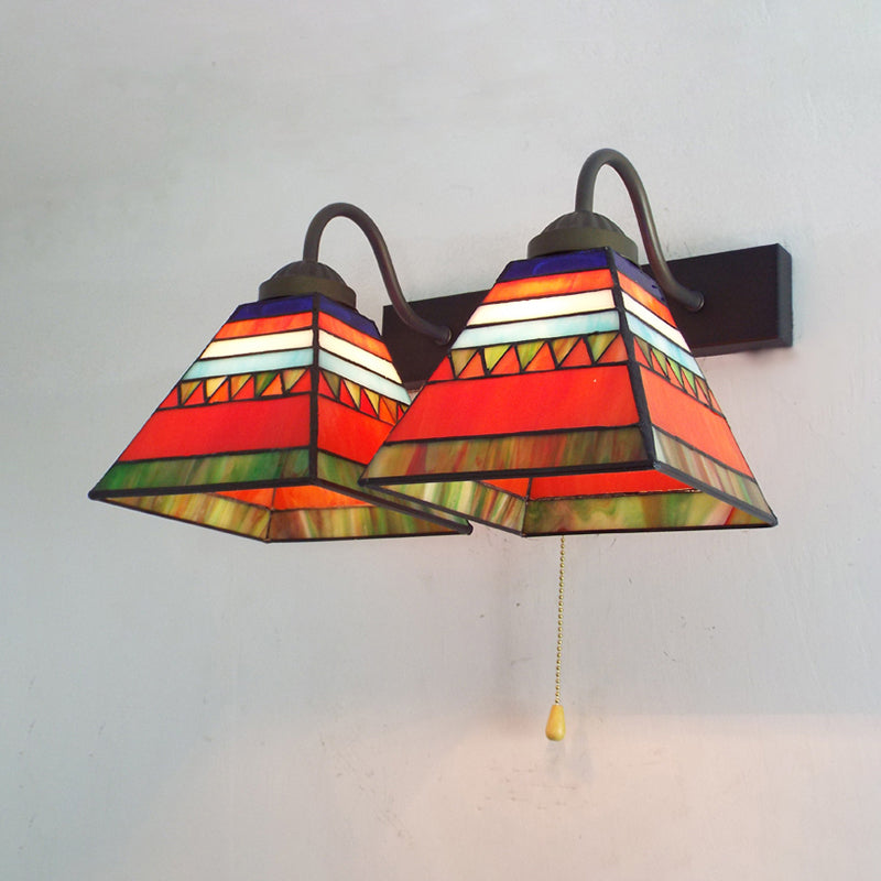 Pyramid Sconce Light Fixture Tiffany Orange Glass 1 Head Black Wall Mount Light with Pull Chain Clearhalo 'Industrial' 'Middle century wall lights' 'Tiffany wall lights' 'Tiffany' 'Wall Lamps & Sconces' 'Wall Lights' Lighting' 175368