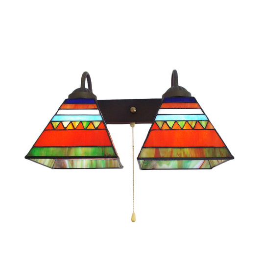 Pyramid Sconce Light Fixture Tiffany Orange Glass 1 Head Black Wall Mount Light with Pull Chain Clearhalo 'Industrial' 'Middle century wall lights' 'Tiffany wall lights' 'Tiffany' 'Wall Lamps & Sconces' 'Wall Lights' Lighting' 175369