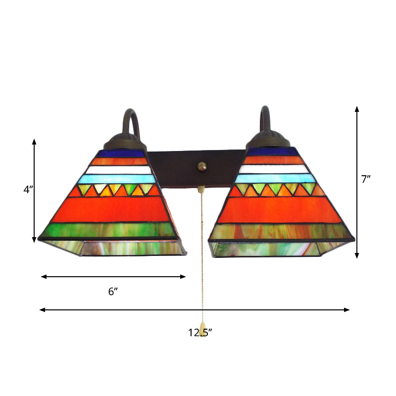 Pyramid Sconce Light Fixture Tiffany Orange Glass 1 Head Black Wall Mount Light with Pull Chain Clearhalo 'Industrial' 'Middle century wall lights' 'Tiffany wall lights' 'Tiffany' 'Wall Lamps & Sconces' 'Wall Lights' Lighting' 175370