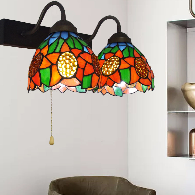 Orange Glass Dome Wall Light Fixture Baroque 1 Head Black Sconce Light with Pull Chain Orange Clearhalo 'Industrial' 'Middle century wall lights' 'Tiffany wall lights' 'Tiffany' 'Wall Lamps & Sconces' 'Wall Lights' Lighting' 175371