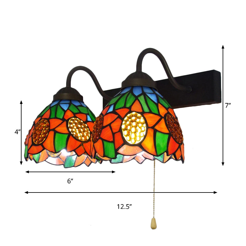 Orange Glass Dome Wall Light Fixture Baroque 1 Head Black Sconce Light with Pull Chain Clearhalo 'Industrial' 'Middle century wall lights' 'Tiffany wall lights' 'Tiffany' 'Wall Lamps & Sconces' 'Wall Lights' Lighting' 175374