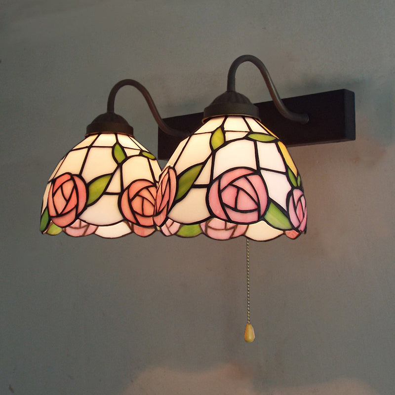 Pink Rose Wall Light Fixture Victorian Stained Glass 2 Heads Black Sconce Light with Pull Chain Switch Clearhalo 'Industrial' 'Middle century wall lights' 'Tiffany wall lights' 'Tiffany' 'Wall Lamps & Sconces' 'Wall Lights' Lighting' 175376