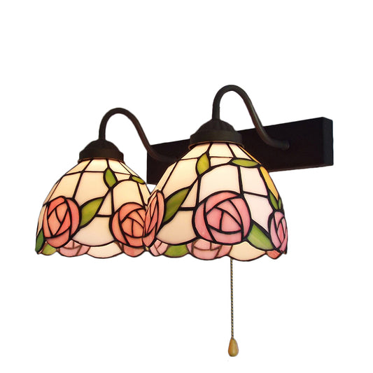 Pink Rose Wall Light Fixture Victorian Stained Glass 2 Heads Black Sconce Light with Pull Chain Switch Clearhalo 'Industrial' 'Middle century wall lights' 'Tiffany wall lights' 'Tiffany' 'Wall Lamps & Sconces' 'Wall Lights' Lighting' 175377