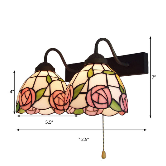 Pink Rose Wall Light Fixture Victorian Stained Glass 2 Heads Black Sconce Light with Pull Chain Switch Clearhalo 'Industrial' 'Middle century wall lights' 'Tiffany wall lights' 'Tiffany' 'Wall Lamps & Sconces' 'Wall Lights' Lighting' 175378