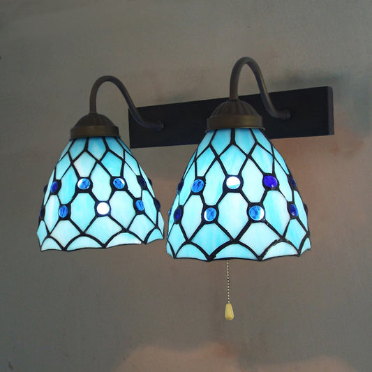Sky Blue Glass Bowl Sconce Light Fixture Mediterranean 1 Head Black Wall Light Fixture with Pull Chain Clearhalo 'Industrial' 'Middle century wall lights' 'Tiffany wall lights' 'Tiffany' 'Wall Lamps & Sconces' 'Wall Lights' Lighting' 175387