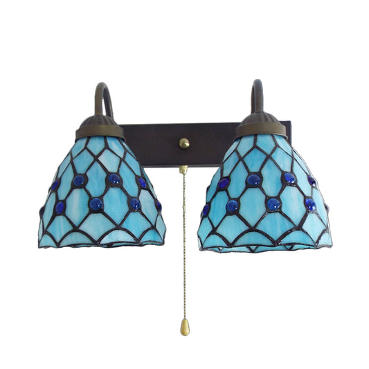 Sky Blue Glass Bowl Sconce Light Fixture Mediterranean 1 Head Black Wall Light Fixture with Pull Chain Clearhalo 'Industrial' 'Middle century wall lights' 'Tiffany wall lights' 'Tiffany' 'Wall Lamps & Sconces' 'Wall Lights' Lighting' 175388