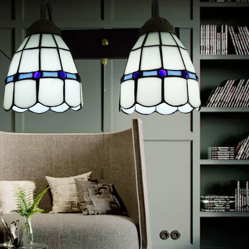 1 Head Sconce Light Tiffany Grid Patterned White Glass Wall Mounted Light with Pull Chain White Clearhalo 'Industrial' 'Middle century wall lights' 'Tiffany wall lights' 'Tiffany' 'Wall Lamps & Sconces' 'Wall Lights' Lighting' 175390