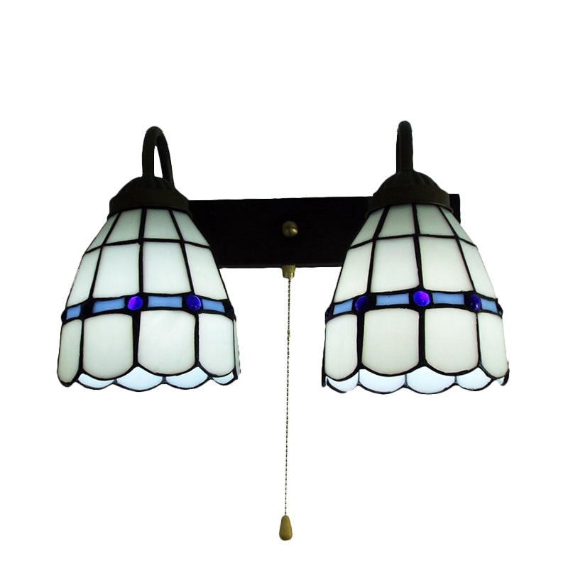 1 Head Sconce Light Tiffany Grid Patterned White Glass Wall Mounted Light with Pull Chain Clearhalo 'Industrial' 'Middle century wall lights' 'Tiffany wall lights' 'Tiffany' 'Wall Lamps & Sconces' 'Wall Lights' Lighting' 175392