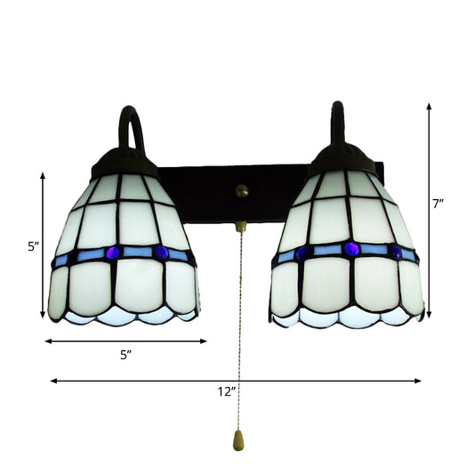 1 Head Sconce Light Tiffany Grid Patterned White Glass Wall Mounted Light with Pull Chain Clearhalo 'Industrial' 'Middle century wall lights' 'Tiffany wall lights' 'Tiffany' 'Wall Lamps & Sconces' 'Wall Lights' Lighting' 175393