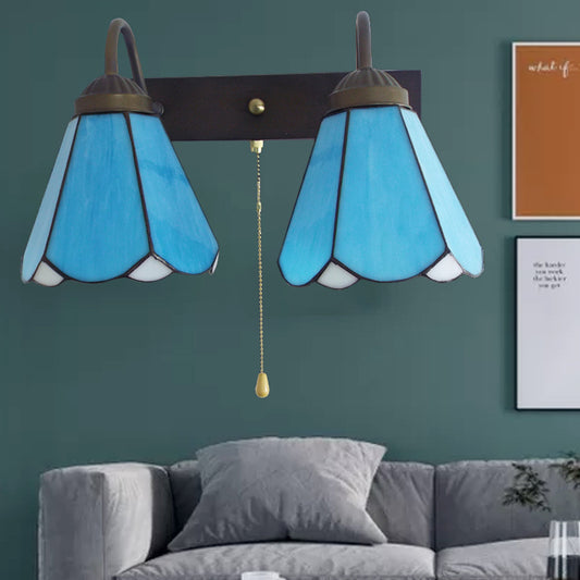 Blue Glass Cone Wall Mounted Light Mediterranean 2 Heads Black Sconce Light Fixture with Pull Chain Switch Clearhalo 'Industrial' 'Middle century wall lights' 'Tiffany wall lights' 'Tiffany' 'Wall Lamps & Sconces' 'Wall Lights' Lighting' 175395