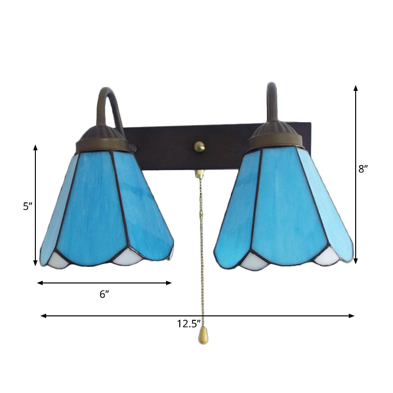 Blue Glass Cone Wall Mounted Light Mediterranean 2 Heads Black Sconce Light Fixture with Pull Chain Switch Clearhalo 'Industrial' 'Middle century wall lights' 'Tiffany wall lights' 'Tiffany' 'Wall Lamps & Sconces' 'Wall Lights' Lighting' 175397