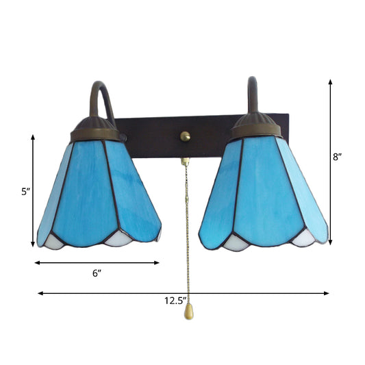 Blue Glass Cone Wall Mounted Light Mediterranean 2 Heads Black Sconce Light Fixture with Pull Chain Switch Clearhalo 'Industrial' 'Middle century wall lights' 'Tiffany wall lights' 'Tiffany' 'Wall Lamps & Sconces' 'Wall Lights' Lighting' 175397