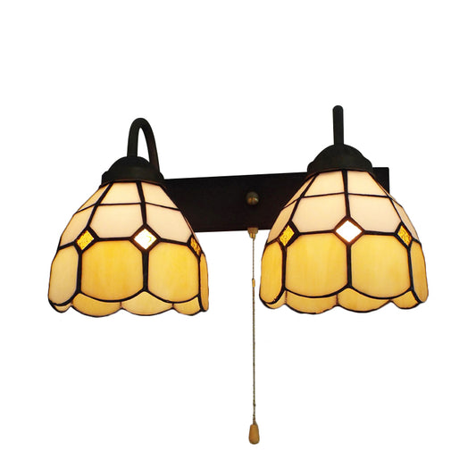 Dome Beige Glass Wall Light Fixture Tiffany 2 Heads Black Sconce Lighting with Pull Chain Switch Clearhalo 'Industrial' 'Middle century wall lights' 'Tiffany wall lights' 'Tiffany' 'Wall Lamps & Sconces' 'Wall Lights' Lighting' 175410