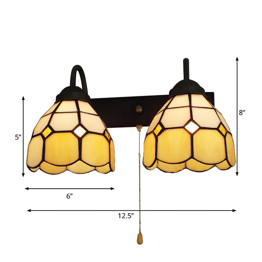 Dome Beige Glass Wall Light Fixture Tiffany 2 Heads Black Sconce Lighting with Pull Chain Switch Clearhalo 'Industrial' 'Middle century wall lights' 'Tiffany wall lights' 'Tiffany' 'Wall Lamps & Sconces' 'Wall Lights' Lighting' 175411