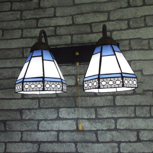 2 Heads Wall Mounted Light Tiffany Conical White Glass Sconce Light with Pull Chain Clearhalo 'Industrial' 'Middle century wall lights' 'Tiffany wall lights' 'Tiffany' 'Wall Lamps & Sconces' 'Wall Lights' Lighting' 175413