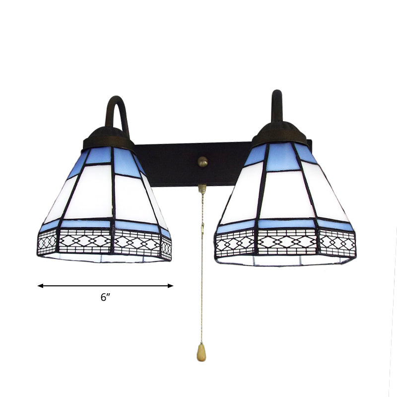 2 Heads Wall Mounted Light Tiffany Conical White Glass Sconce Light with Pull Chain Clearhalo 'Industrial' 'Middle century wall lights' 'Tiffany wall lights' 'Tiffany' 'Wall Lamps & Sconces' 'Wall Lights' Lighting' 175415