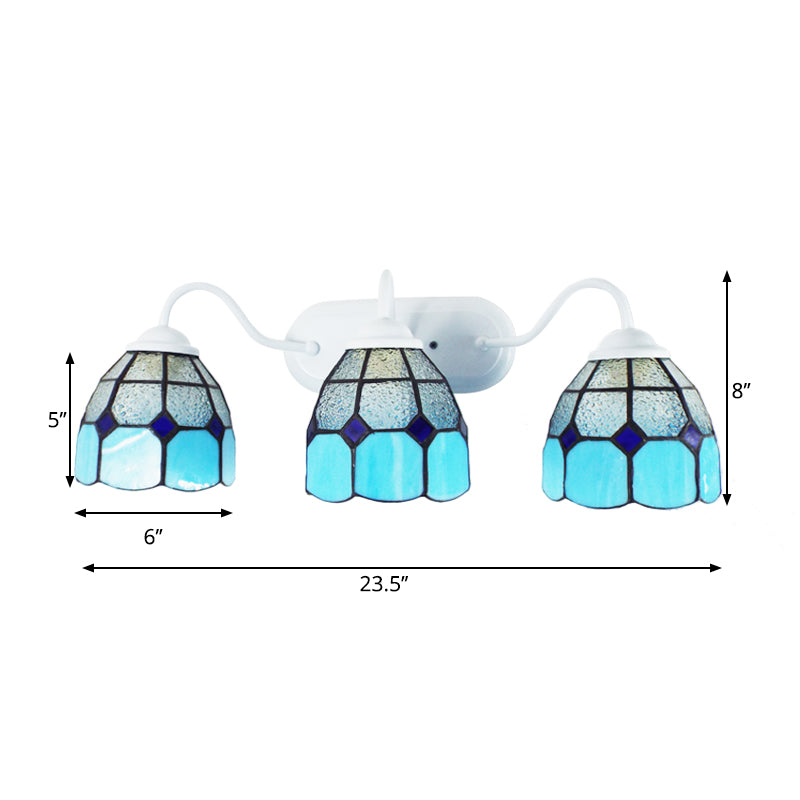 Blue 3 Heads Vanity Light Fixture Tiffany Clear Dimpled Glass Grid Patterned Wall Mount Light Clearhalo 'Industrial' 'Middle century wall lights' 'Tiffany wall lights' 'Tiffany' 'Wall Lamps & Sconces' 'Wall Lights' Lighting' 175450