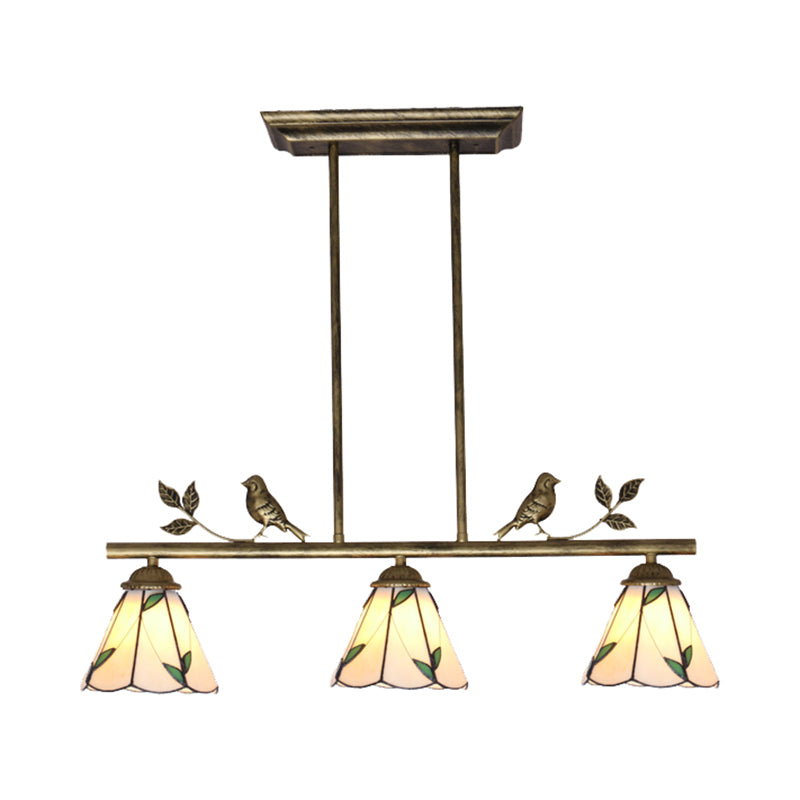 Cone Shade Island Lighting Fixture Tiffany Style Stainless Glass 3 Lights Beige Hanging Lamp with Leaf Pattern Clearhalo 'Ceiling Lights' 'Glass shade' 'Glass' 'Island Lights' 'Tiffany close to ceiling' 'Tiffany' Lighting' 175537