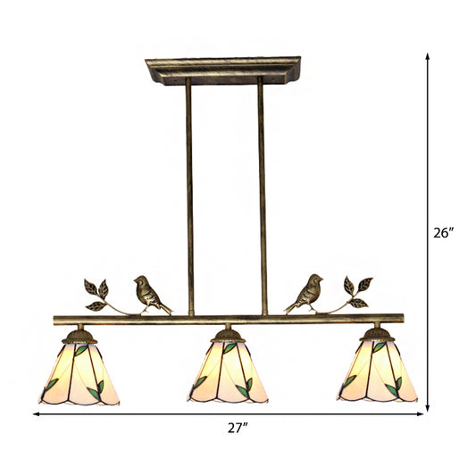 Cone Shade Island Lighting Fixture Tiffany Style Stainless Glass 3 Lights Beige Hanging Lamp with Leaf Pattern Clearhalo 'Ceiling Lights' 'Glass shade' 'Glass' 'Island Lights' 'Tiffany close to ceiling' 'Tiffany' Lighting' 175538