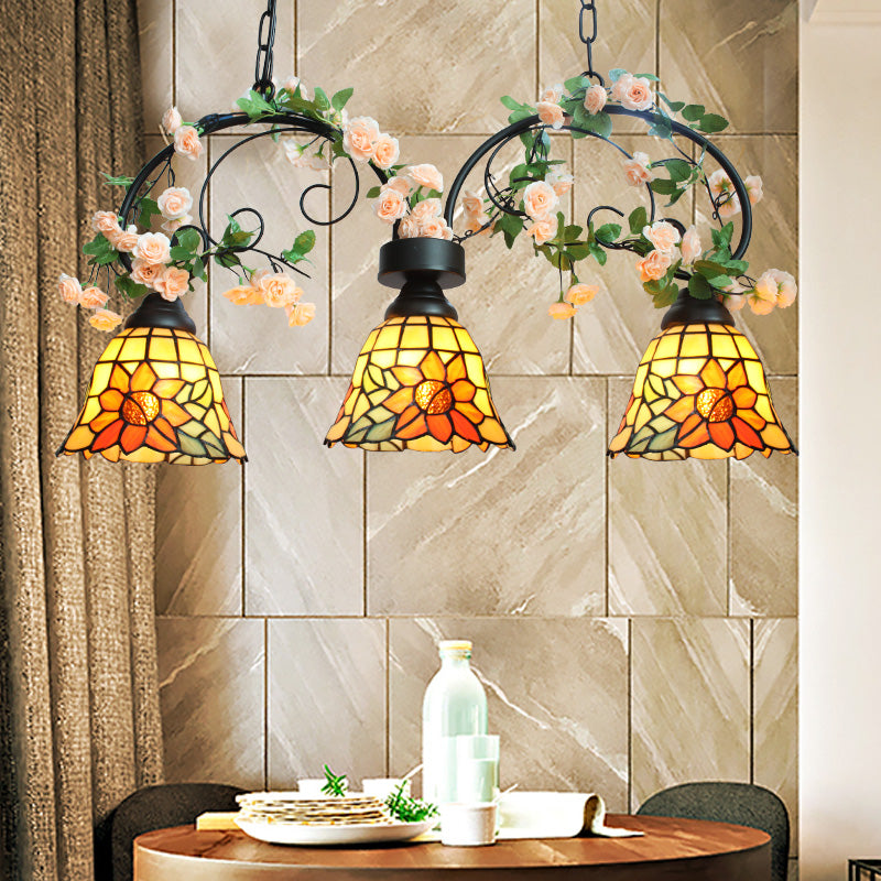 Yellow Bell Shade Island Pendant Light Tiffany Stylish 3 Heads Stainless Art Glass Chandelier Lamp for Restaurant Yellow Clearhalo 'Ceiling Lights' 'Glass shade' 'Glass' 'Island Lights' 'Tiffany close to ceiling' 'Tiffany' Lighting' 175539