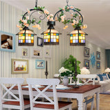 3 Lights Balcony Island Light Fixture Tiffany Style Blue/Clear Hanging Ceiling Light with House Stainless Glass Shade Clear Clearhalo 'Ceiling Lights' 'Glass shade' 'Glass' 'Island Lights' 'Tiffany close to ceiling' 'Tiffany' Lighting' 175544