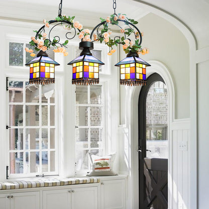 3 Lights Balcony Island Light Fixture Tiffany Style Blue/Clear Hanging Ceiling Light with House Stainless Glass Shade Blue Clearhalo 'Ceiling Lights' 'Glass shade' 'Glass' 'Island Lights' 'Tiffany close to ceiling' 'Tiffany' Lighting' 175550