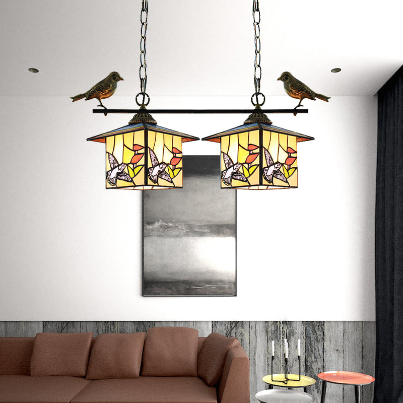 House Shaped Hanging Island Light 2 Heads Stainless Art Glass Tiffany Stylish Hanging Ceiling Light in Beige Beige Clearhalo 'Ceiling Lights' 'Chandeliers' 'Close To Ceiling Lights' 'Glass shade' 'Glass' 'Island Lights' 'Tiffany close to ceiling' 'Tiffany' Lighting' 175559