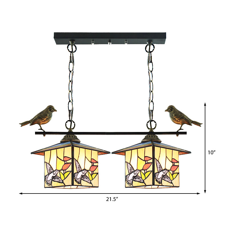 House Shaped Hanging Island Light 2 Heads Stainless Art Glass Tiffany Stylish Hanging Ceiling Light in Beige Clearhalo 'Ceiling Lights' 'Chandeliers' 'Close To Ceiling Lights' 'Glass shade' 'Glass' 'Island Lights' 'Tiffany close to ceiling' 'Tiffany' Lighting' 175562