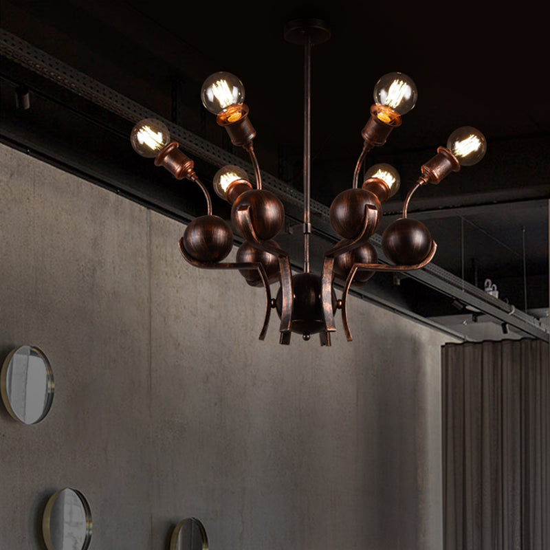 Bare Bulb Hanging Light with Metal Ball Loft Style 6 Heads Chandelier Lamp in Bronze Clearhalo 'Cast Iron' 'Ceiling Lights' 'Chandeliers' 'Industrial Chandeliers' 'Industrial' 'Metal' 'Middle Century Chandeliers' 'Rustic Chandeliers' 'Tiffany' Lighting' 175606