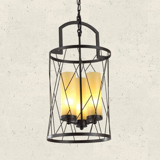 Cylinder Glass Shade Hanging Light with Wire Frame Industrial 3 Heads Restaurant Pendant Lamp in Black Clearhalo 'Cast Iron' 'Ceiling Lights' 'Chandeliers' 'Industrial Chandeliers' 'Industrial' 'Metal' 'Middle Century Chandeliers' 'Rustic Chandeliers' 'Tiffany' Lighting' 175613