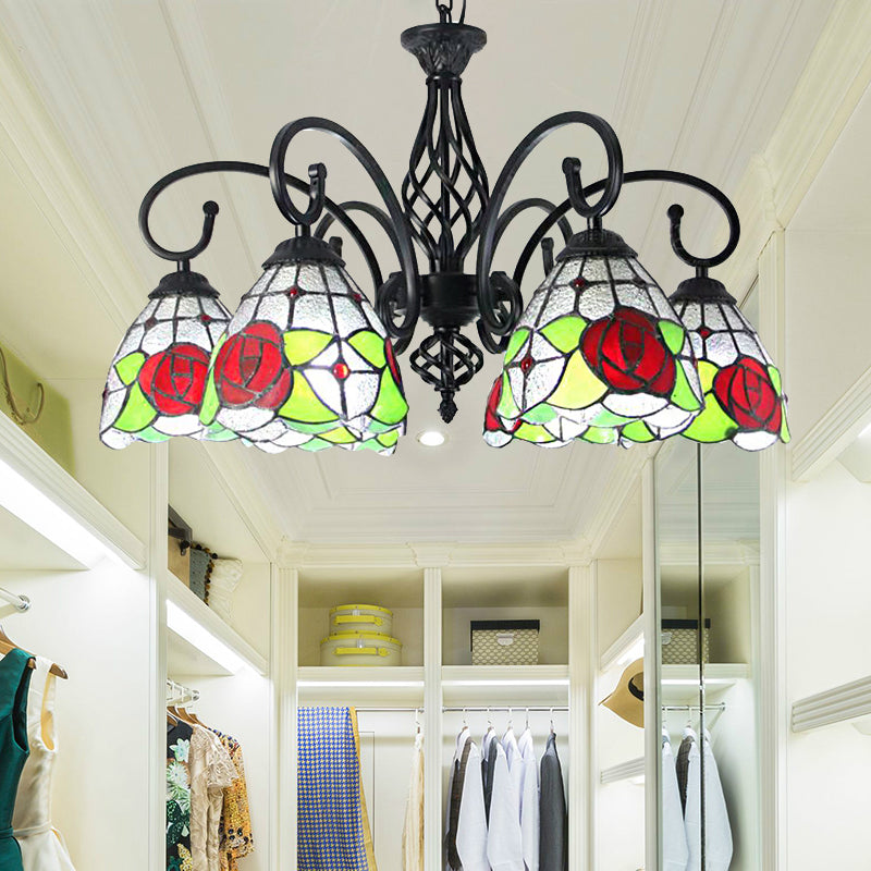 Tiffany Rose Chandelier Light 6 Lights Stained Glass Indoor Pendant Light in Red for Living Room Red Clearhalo 'Ceiling Lights' 'Chandeliers' 'Industrial' 'Middle Century Chandeliers' 'Tiffany Chandeliers' 'Tiffany close to ceiling' 'Tiffany' Lighting' 175619