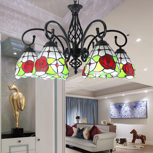 Tiffany Rose Chandelier Light 6 Lights Stained Glass Indoor Pendant Light in Red for Living Room Clearhalo 'Ceiling Lights' 'Chandeliers' 'Industrial' 'Middle Century Chandeliers' 'Tiffany Chandeliers' 'Tiffany close to ceiling' 'Tiffany' Lighting' 175620