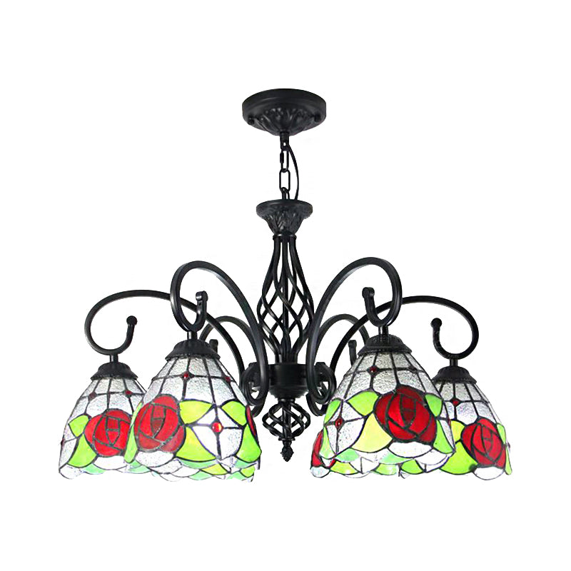 Tiffany Rose Chandelier Light 6 Lights Stained Glass Indoor Pendant Light in Red for Living Room Clearhalo 'Ceiling Lights' 'Chandeliers' 'Industrial' 'Middle Century Chandeliers' 'Tiffany Chandeliers' 'Tiffany close to ceiling' 'Tiffany' Lighting' 175621