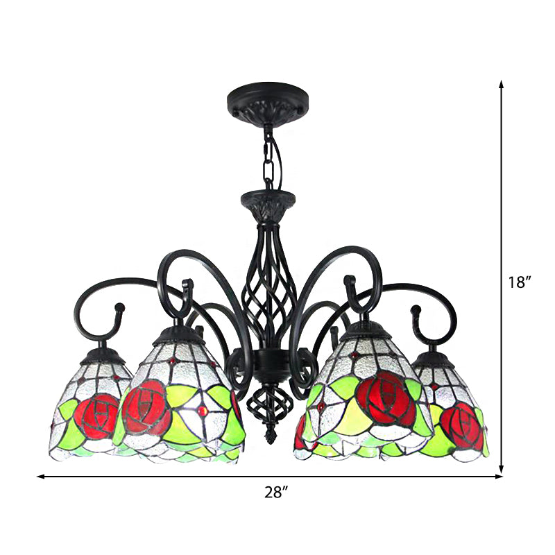 Tiffany Rose Chandelier Light 6 Lights Stained Glass Indoor Pendant Light in Red for Living Room Clearhalo 'Ceiling Lights' 'Chandeliers' 'Industrial' 'Middle Century Chandeliers' 'Tiffany Chandeliers' 'Tiffany close to ceiling' 'Tiffany' Lighting' 175622
