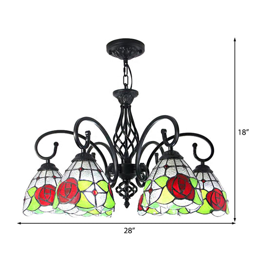 Tiffany Rose Chandelier Light 6 Lights Stained Glass Indoor Pendant Light in Red for Living Room Clearhalo 'Ceiling Lights' 'Chandeliers' 'Industrial' 'Middle Century Chandeliers' 'Tiffany Chandeliers' 'Tiffany close to ceiling' 'Tiffany' Lighting' 175622