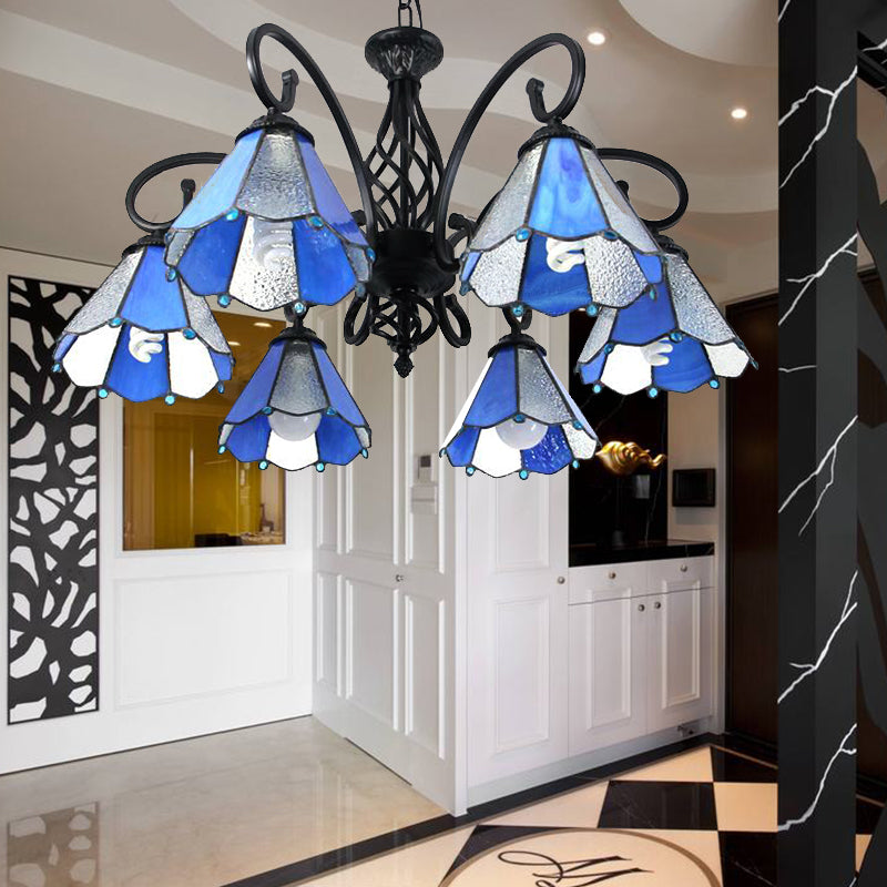Glass Shade Conical Hanging Lighting Tiffany Style 6 Lights Pendant Lighting in Green/Blue for Foyer Clearhalo 'Ceiling Lights' 'Chandeliers' 'Industrial' 'Middle Century Chandeliers' 'Tiffany Chandeliers' 'Tiffany close to ceiling' 'Tiffany' Lighting' 175624